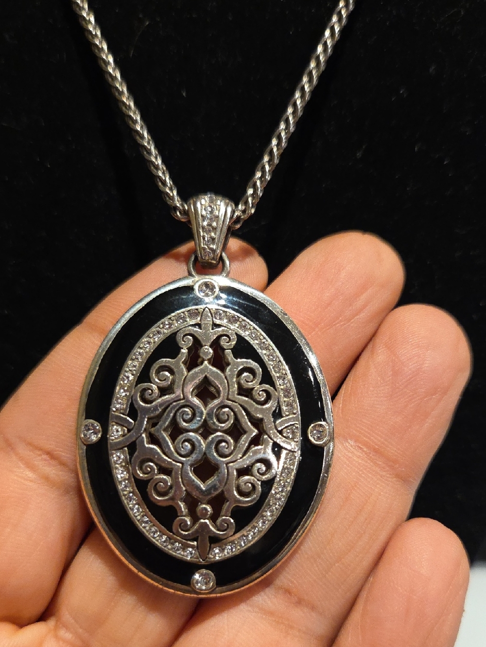 Brighton Silver-Tone Black Oval Filigree Pendant Necklace with Crystals